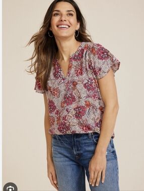 Maurices 0X Women's Floral V-Neck Short Sleeve Top